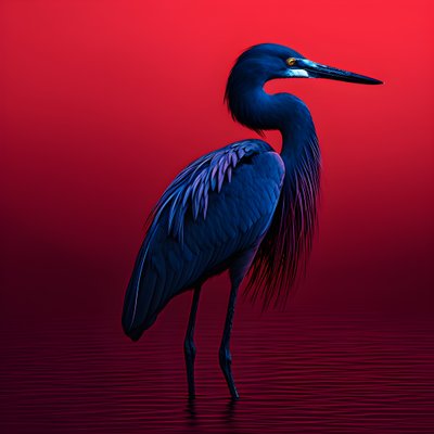 Synthwave Digital Fine Art Piece of an Exotic Cobalt Blue Egret on Red Paper 3 by Kurt Heppke