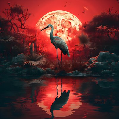 Water and a Big Bird Standing in the Evening Setting for Full Moon 4 by Kurt Heppke