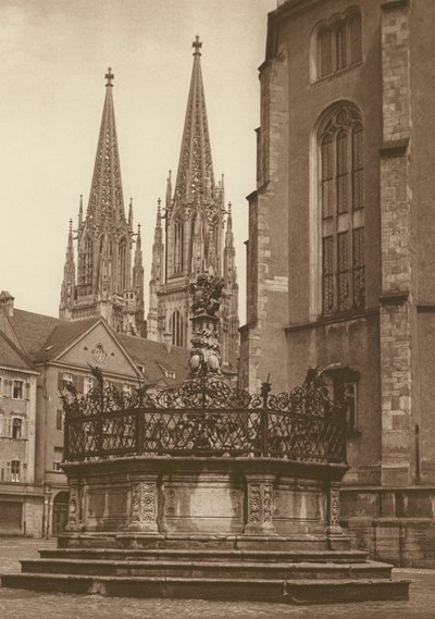 Regensburg, The Fountain (1721) in the Neupfarr Platz, and Cathedral by Kurt Hielscher