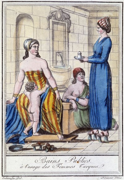 Public baths for the use of Turkish women - in Encyclopedia of Travels by J. Grasset St Sauveur, Deroy, Paris by L.F. Labrousse