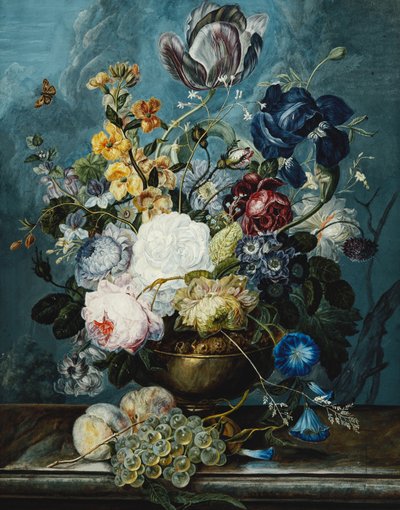 Roses, a Tulip, an Iris, Dahlias, Lamium, Forget-me-nots, Convolvulus, Auricula and Delphiniums in a Vase with Grapes and Peaches on a Stone Ledge by Ladislaus Tumal