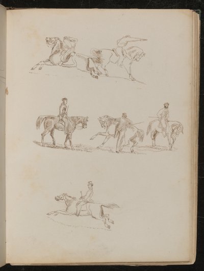 Six Studies of Horses with Various Male Riders in Various Poses, One with Raised Pistol (pen and ink) by Lady  Butler