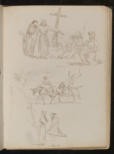 Four Figures Next to Wooden Cross, Study of Two Youths with Sticks on Donkeys, Study of Two Monks, One Kneeling Before Wooden Cross by Lady Butler