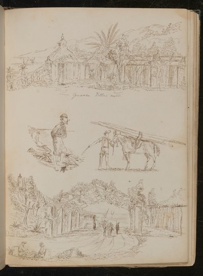 Study of a "Genoese Villa", a Man with a Pipe, a Packhorse, a Landscaped Archway with Figures by Lady Butler