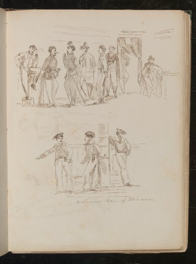 Study of eight soldiers standing in an interior, study of three Sardinian soldiers by Lady Butler