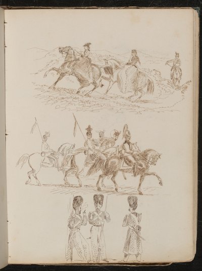 Study of two women and a man riding in hilly landscape, study of soldiers on horseback, study of three guardsmen in conversation by Lady Butler