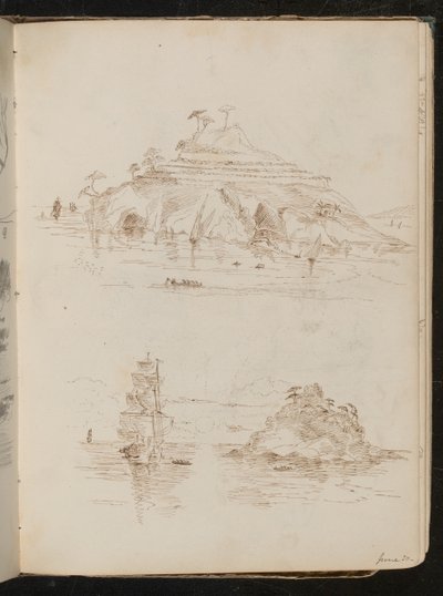 Two Studies of Rocky Island, Study of Boat, Dated "June 30" by Lady Butler
