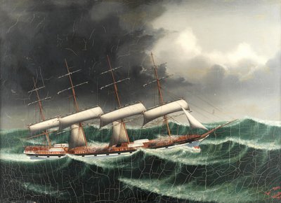 The four masted merchant ship County of Linlithgow in stormy seas by Lai Fong
