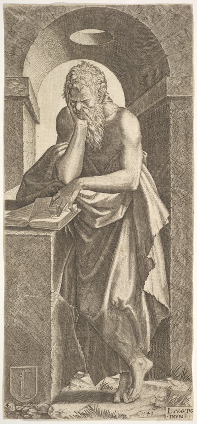 St. Simon standing before an open book with the fingers of his left hand pressed onto the, 1545 by Lambert Suavius