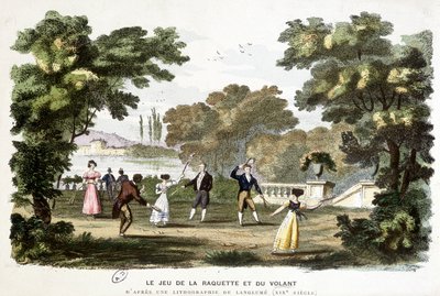Ancient games: the game of racket and steering wheel, ancestor of badminton, based on a lithograph of Langlumé 19th century by Langlume Langlume