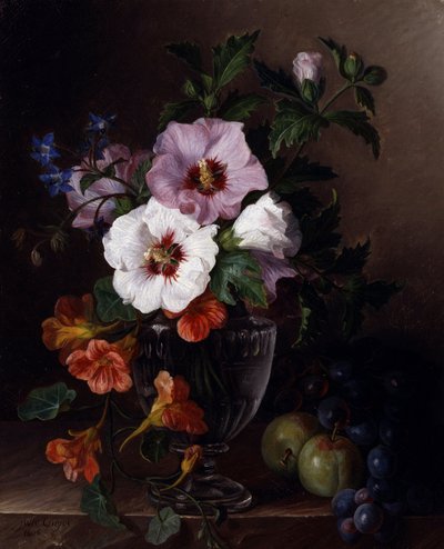 Still Life of Hibiscus and Nasturtiums in a Glass Vase by Laurent Guyot