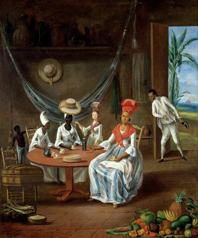 A Mulatto Woman with her White Daughter Visited by Black Women in their House in Martinique, 1775 by Le Masurier