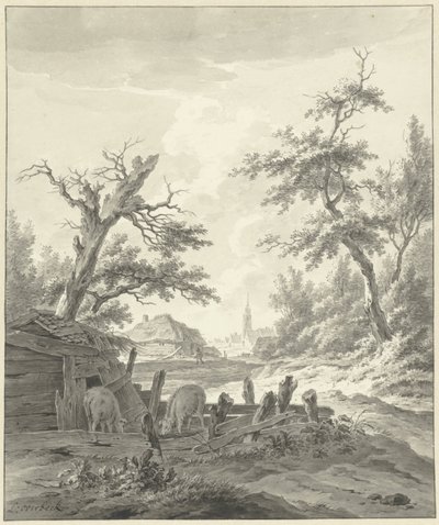 Landscape with a Pigsty in the Foreground by Leendert Overbeek