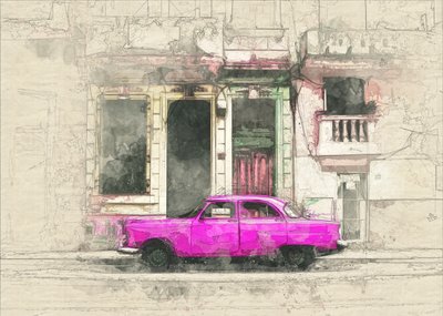 Pink Vintage Street Car by Lembayung senja studio [Vintage Poster]