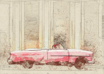 Pink Convertible Sketch by Lembayung senja studio [Vintage Poster]