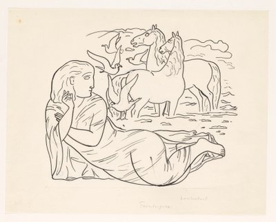 Woman Lying on the Beach with Two Horses and Some Seagulls by Leo Gestel
