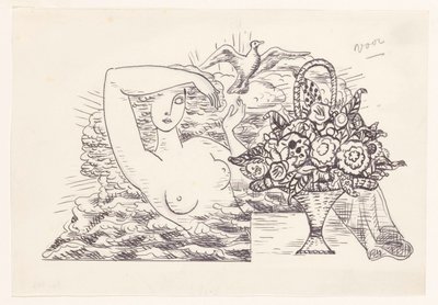 Female Nude in the Waves Releasing a Bird, with a Basket of Flowers in the Foreground by Leo Gestel