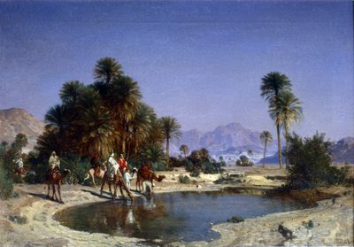 Leon-Adolphe Belly the caravan in the desert oasis by Leon Auguste Adolphe Belly