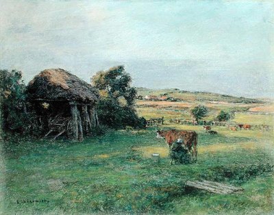 Landscape with a Peasant Woman Milking a Cow by Leon Augustin Lhermitte