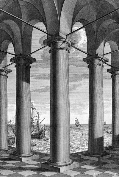 On architecture, a maritime landscape appears behind a building supported by arcades: a board drawn from 