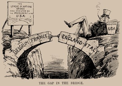 The Gap in the Bridge. Cartoon on the Absence of the USA in the League of Nations by Leonard Raven Hill
