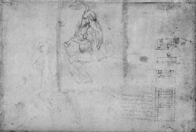 A Man with the Head of an Elephant Riding on Horseback and Architectural Sketches, c1480-1945 by Leonardo da Vinci
