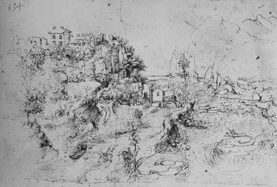 A River with a Canal Alongside and a Castle on a Hill by Leonardo da Vinci