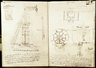 Architecture and military art: left page: spiral staircase around a tower. Drilling a beam. Right page: entrance plan of a fortified city. Plan and elevation of a circular tower fortified at sea. Manuscript by Leonardo da Vinci by Leonardo da Vinci
