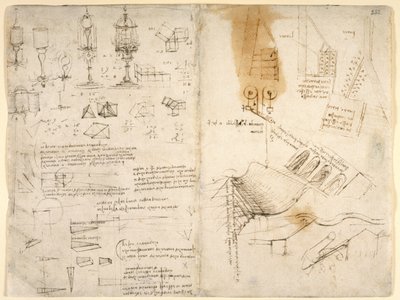 Sketches of hinged lamps; notes on mechanics; mathematical calculations; geometrical sketches by Leonardo da Vinci