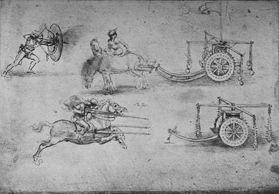 Drawings of Chariots Armed with Flails, of an Archer with a Shield, c1480, 1945 by Leonardo da Vinci