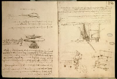 Flying machines, one of the first drawings of a helicopter-like flying machine, c. 1487 by Leonardo da Vinci