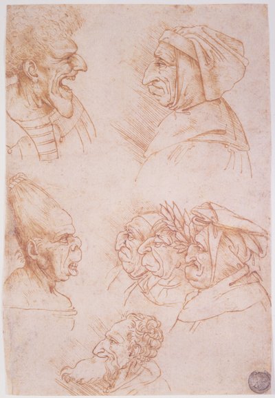 Seven Studies of Grotesque Faces by Leonardo da Vinci