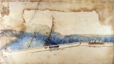Study for the Exploitation of Water Force in Hydraulic Machines (Noria) by Leonardo da Vinci (1452-1519). Drawing with Pen and Ink by Leonardo da Vinci