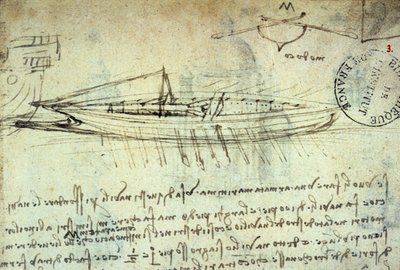 Study of boat equipped with a series of oars by Leonardo da Vinci (1452-1519). Drawing with pen and ink. Manuscript. Library of the Institut de France. Paris by Leonardo da Vinci