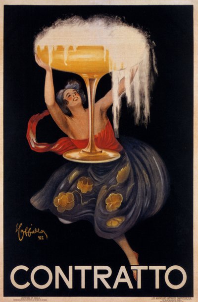 Advertising poster for the sparkling wine Contratto: a small fairy, an elf lifting a huge cup. Illustration by Leonetto Cappiello (1875-1942) 1922 by Leonetto Cappiello