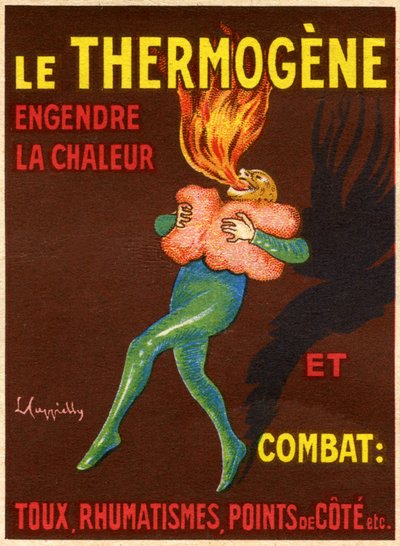 Label of a box of revulsive and resolutive wadding Le Thermogene, compress intended to relieve cough, colds, pain and rheumatism - formula: hydrophilic cotton, new coccine, yellow orange S, capsicum extract. Pharmacy product manufactured in Lille at the be by Leonetto Cappiello