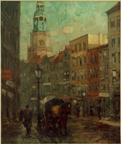 Street Scene with Horse Carriage, Church Tower in the Background by Leonhard Sandrock