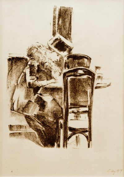 Writing Lady with Hat and Boa in the Café by Lesser Ury