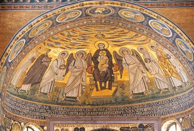 Madonna and Child Between Angels and Saints, Mosaic in the Apse of the Euphrasian Basilica, Porec, Istria, Croatia, 6th Century by Unbekannt Unbekannt