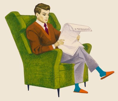Man Reading Newspaper While Sitting in Armchair, Drawing by Unbekannt Unbekannt