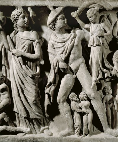 Marble sarcophagus, Relief depicting Prometheus myth, Detail, Hermes and one of the Fates, From Arles by Unbekannt Unbekannt