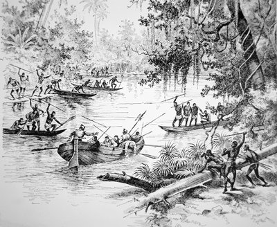 Spanish Conquistadors attacked by natives in South America by Unbekannt Unbekannt