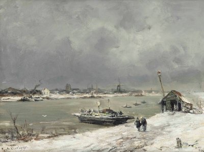 A Ferry Crossing Near Wijk bij Duurstede in Winter by Lodewijk Frederik Hendrik Apol