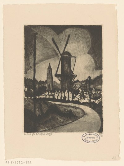 Hill Landscape with Mill by Lodewijk Schelfhout (signed by artist)