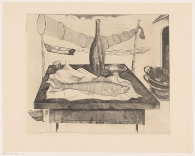Still Life with Fish, Bottle, and Fishing Net by Lodewijk Schelfhout (signed by artist)