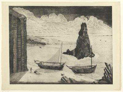Two Moored Ships on a Beach by Lodewijk Schelfhout (signed by artist)