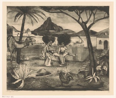 Two Men Carrying a Man in a Garden by Lodewijk Schelfhout (signed by artist)