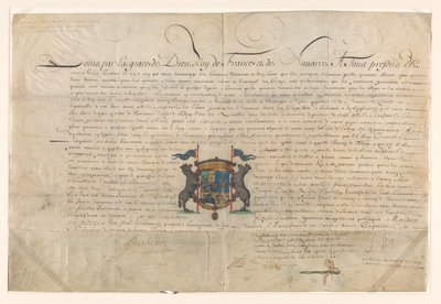 Diploma Elevating Cornelis Lampsins to Baron of Tobago and Knight of the Order of St. Michel by Louis XIV by Lodewijk XIV (koning van Frankrijk) (signed by artist)