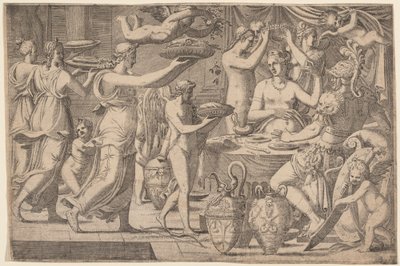 Venus and Mars Served by Cupid and the Three Graces by Léon Davent, after Luca Penni