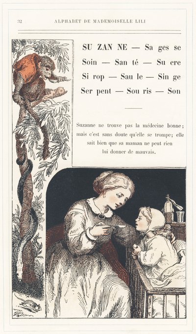 Suzanne, Wisdom, Care, Health, Sugar, Syrup, Willow, Monkey, Snake, Mouse, Sound, Page 32 - Alphabet by Mademoiselle Lili, by L. Froelich and by a Dad (Hetzel Himself). Bibliotheque & Magasin d